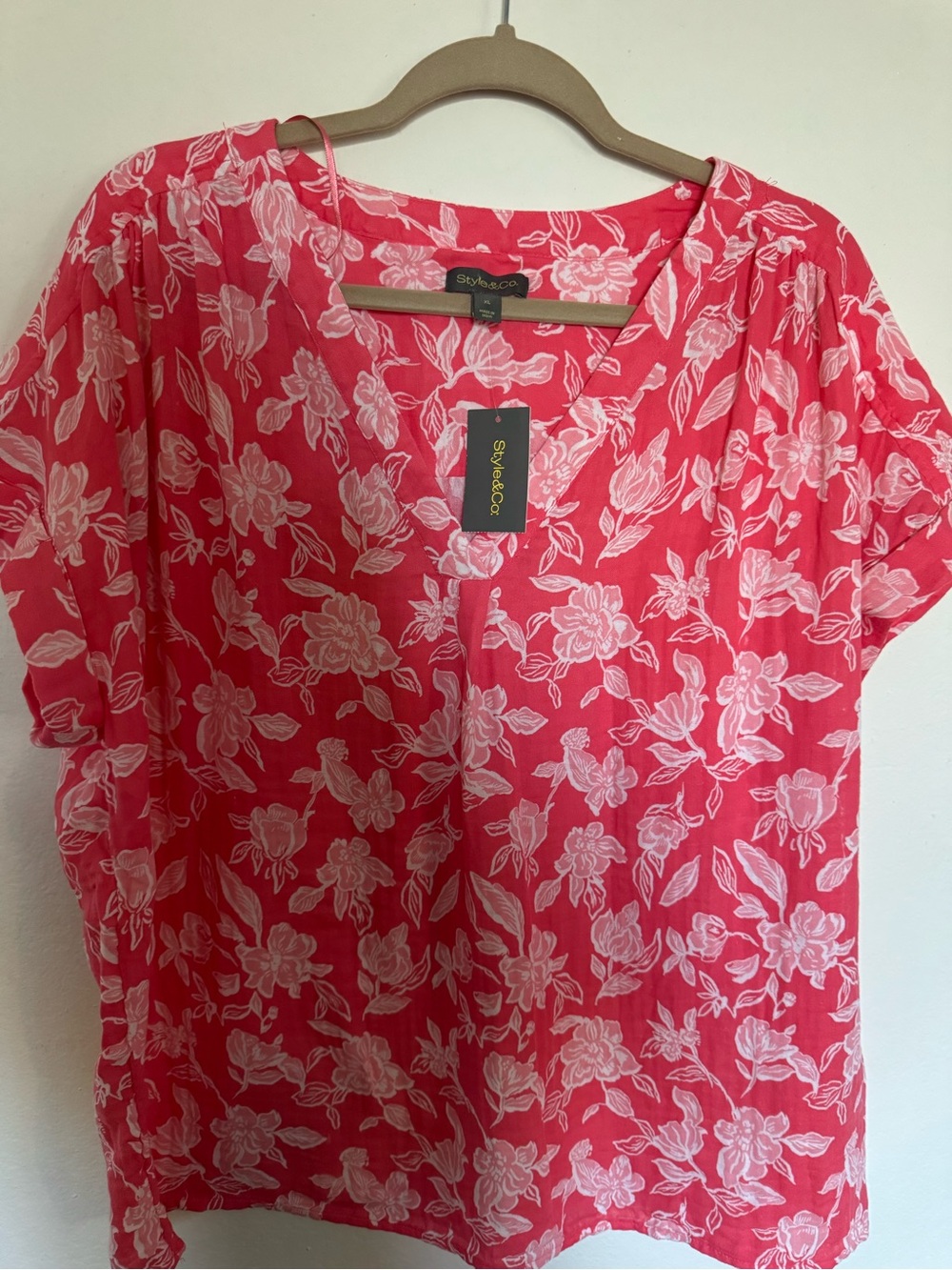 Style & Co. Coral Floral V-Neck Short Sleeve Tunic